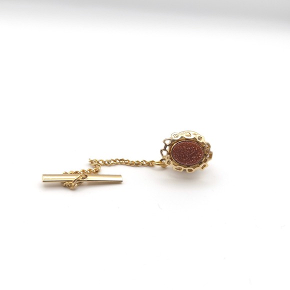 Other - Vintage Gold Tone Goldstone Tie Tack with Safety Chain and T-Bar Scalloped Frame
